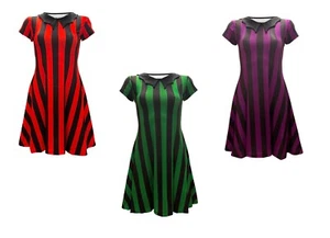 Women's Black Red Purple Stripes 50's Collar Swing Rockabilly Dress Halloween - Picture 1 of 4