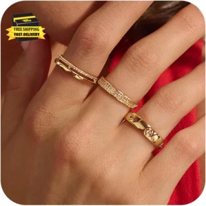 Gold Rings for Women Non Tarnish Stackable Ring Set Dainty 14K Gold/Silver Plate - Picture 1 of 8