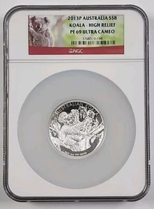 NGC PF69 Ultra Cameo 2013-P Australia $8 Koala Altorilievo 5 once .999 Argento Fine - Foto 1 di 2