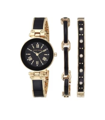Juego de reloj brazalete para mujer premium cristal acentuado tono dorado y negro Foto 1 de 3