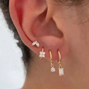 Hoop Earrings Little Huggies Women Tiny Crystal Zirconia Pendant Stainless Steel - Picture 1 of 34