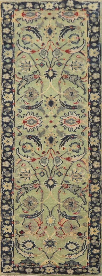 Alfombra de corredor oriental Oushak verde/azul marino 3x8 pies alfombra de pasillo de lana hecha a mano Foto 1 de 4