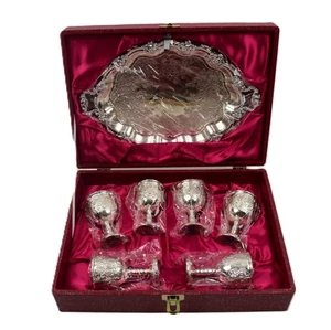 VINTAGE  SILVER CORDIAL COMMUNION GOBLET GRAPE LEAF SET OF 6/ TRAY- JAPAN NEW - Picture 1 of 12