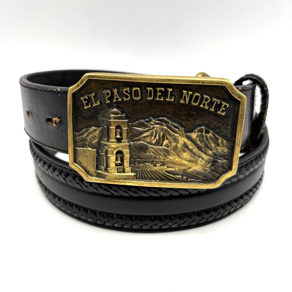 Cinturón El Paso De Norte Heritage 1977 hebilla de latón macizo negro cuero genuino 38 Foto 1 de 4