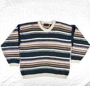 VTG 90s Jantzen Lightweight Cotton Green Blue Beige Striped Grandpa Sweater XL - Picture 1 of 11
