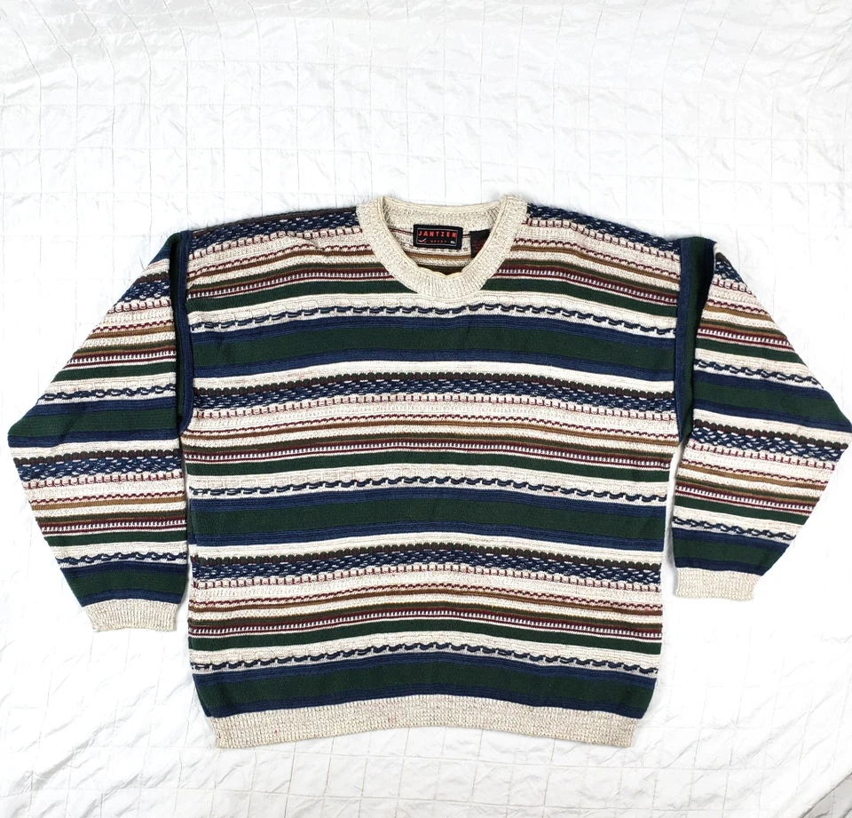 VTG 90s Jantzen Lightweight Cotton Green Blue Beige Striped Grandpa Sweater XL - Image 1 of 4