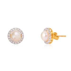 Nuevos aretes de boda con pavé de diamantes de perlas de oro amarillo de 14K ... - Imagen 1 de 5
