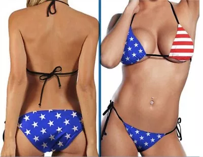 Stars Stripes American Flag Bikini USA Patriotic Tie-Top Swimsuit Swimwear O/S] - Image 1 of 4