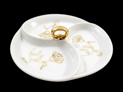 Prato dividido antigo 1954 porcelana ouro branco floral pintado à mão assinado - Imagem 1 de 4