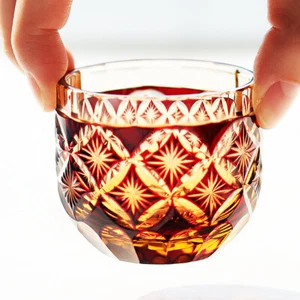 Japanese Style Hand Carved Star Pattern Edo Kiriko Sake Glass Ruby Red 2oz - Picture 1 of 6