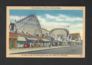 LEINEN-POSTKARTE: ZYKLON-ACHTERBAHN AM REVERE BEACH, MA - VERGNÜGUNGSPARK - Bild 1 von 2