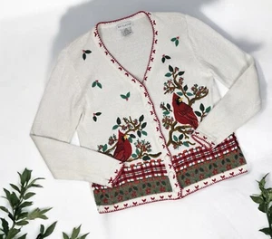 VTG Knit Christmas Winter Cardigan Sweater M Embroidered Beaded Birds Grannycore - Picture 1 of 9