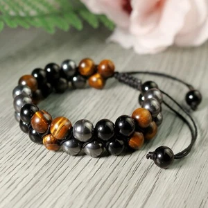 Triple Protection Tiger Eye Hematite Black Onyx Stone Braided Warp Bracelet - Picture 1 of 3