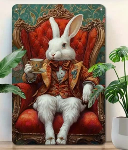 METAL ART- White Rabbit All Dressed Up and Having Tea, Wall Decor, 8x12 - Picture 1 of 3