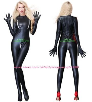 Sexy Black Shiny Metallic Women Bodysuit Jumpsuits Catsuit Yoga Costumes F1072 - Image 1 of 2