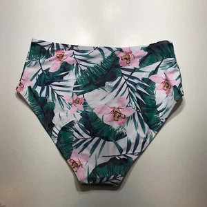 White Floral Tropical Print High-Waisted Swim Bottom Beachwear Womens Medium - Picture 1 of 13