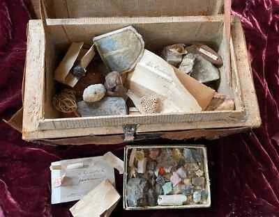 ANTIGUO COFRE DEL TESORO LLENO DE TALLAS FÓSILES GEMAS SEMILLAS GUERRA CIVIL RELIQUIAS &c. Foto 1 de 4