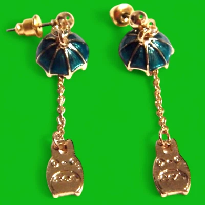 Little Forest Spirit Earrings leaf umbrella gold enamel anime kawaii G1 - Изображение 1 из 4
