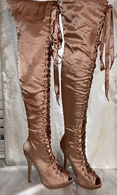 LILIANA Satin Pink Lace Up Zip Stiletto Thigh-High Boots Cosplay Size 7 SEXY!! - Image 1 of 4