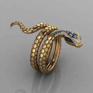 Diamond Cubic Zirconia Antique Gold Green Eye Protecting Snake Adjustable Ring