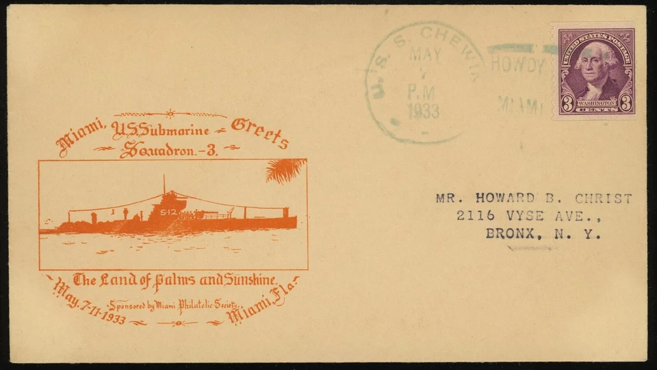 Miami Greets Submarine Squadron 3 Cachet 1933 USS Chewink AM-39 Postmark Cover - Image 1 of 1