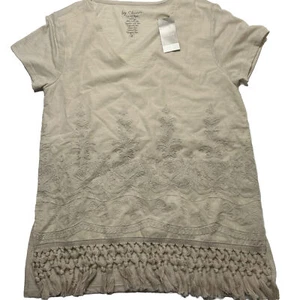 Chicos 0 Embroidered Fringe cement t shirt cream NEW weekend basic capsule boho - Picture 1 of 10