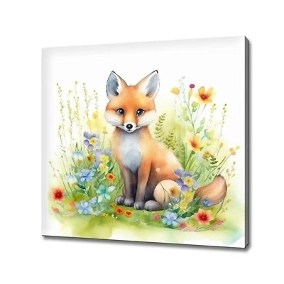 Cute Baby Fox Sitting By The Flowers Field, Pet Animal Wall Art, Modern Design - Image 1 of 4