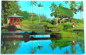 Postal Liliuokalani Gardens Hilo Bay Hawaii vintage cromada niña puente palmera - Imagen 1 de 2