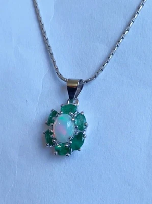Ciondolo aureola smeraldo opale di fuoco naturale argento sterling 925... - Immagine 1 di 4