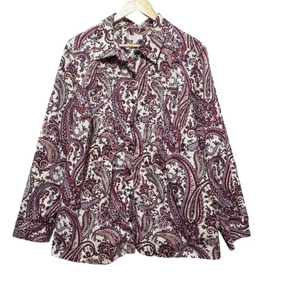 Charter Club Women Button Top 22W Burgundy Paisley Boho Classic Preppy Timeless - Image 1 of 4