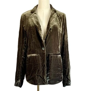 Anthropologie Cartonnier Lightweight Olive Gold Crushed Velvet Blazer Jacket 4  - Picture 1 of 6