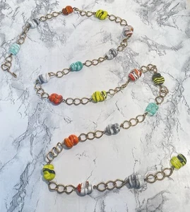 Chain Link Belt Early 70's Bright Colored Glass Beads Gold Tone Links Adjustable - Picture 1 of 13