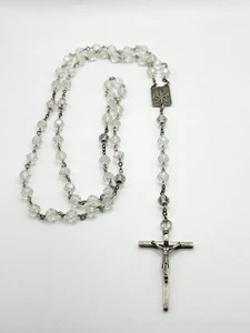 VTG Sterling Silver Cross Clear Faceted Cut Crystal Glass Beads Prayer Rosary - Picture 1 of 7