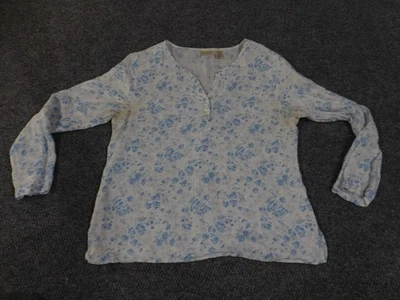 LL Bean Shirt Womens XL Blue White Floral 100% Linen Long Sleeve Henley V Neck - Image 1 of 4