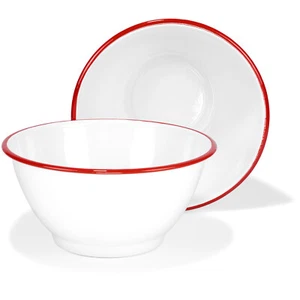 Set of 2 Enamelware Metal Large 4 Qt Round Salad Serving Bowl, White/Red Rim - Picture 1 of 3