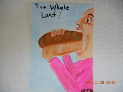 ACEO Original acrylic on paper big mouth person eating loaf of bread - Image 1 of 2