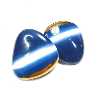 Ceramic Navy Blue Clip Earrings White Gold Chunky Glass MOD Geometric Vintage - Picture 1 of 5