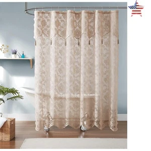 Lace Shower Curtain with Attached Valance & Tassels - Country or Rustic Décor - Picture 1 of 8