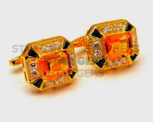 Natural Citrine & Black Onyx Gemstone 14K Gold Plated Silver Mens Cufflink CF44 - Picture 1 of 4
