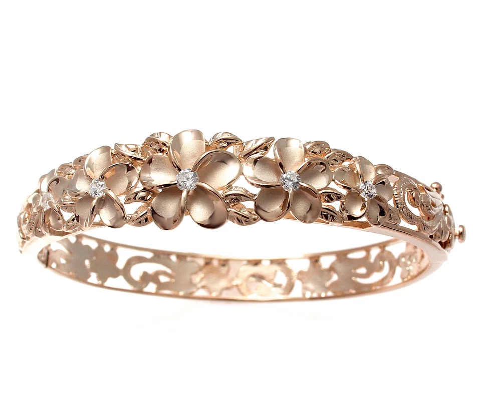 ORO ROSA PLATA 925 HAWAIANO ELEGANTE PLUMERIA FLOR MAILE HOJA BISAGRA BRAZALETE Foto 1 de 4