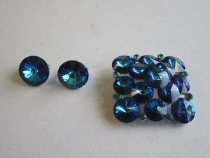 Schillernde Vintage Brosche weiß blau & aquamarin Rivoli Strass silberfarben - Ohrringe - Bild 1 von 11