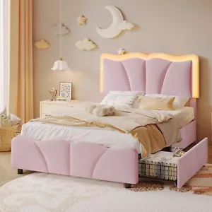 Velvet Twin Bed Frame & 4 Storage Drawers, Upholstered Led Flower Bed &Wood Slat - Picture 1 of 7