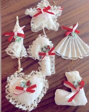 5 Vintage Christmas Ornaments White Lace Fabric Cloth Stuffed Heart, Star, Fan