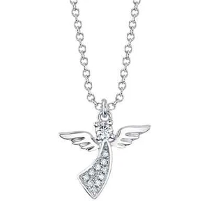 14K White Gold Diamond Angel Pendant Necklace Natural Round Cut 0.06 CT - Picture 1 of 4