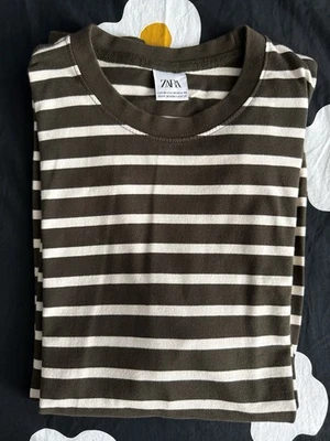 Коричневая белая полосатая рубашка с длинным рукавом ZARA M - Изображение 1 из 3