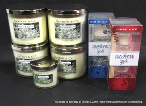 LOTE 5 VELAS TARRO SLATKIN & CO Bálsamo Fresco y 2 DIFUSORES DE CAÑA CLARA Algodón, Acai - Imagen 1 de 7