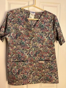 Landau Floral Scrub Top Ladies V-Neck Size Medium - Picture 1 of 9