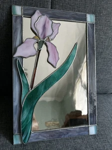 Vintage Stained Glass Pink Iris Flower With Green Leaves Mirror 11.5" X 7.75" - Picture 1 of 9