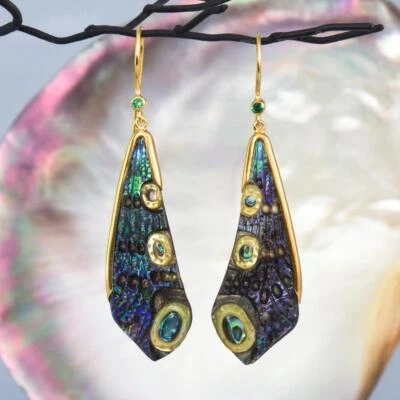 Dragonfly Wing Earrings Abalone Carving Gold Vermeil Sterling Emerald 6.00 g - Image 1 of 4