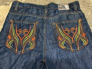 Pantaloncini Skater Rosso Scim Vintage Denim Jean Baggy Uomo 30x14 Arancione Ricamo Giallo - Foto 1 di 9